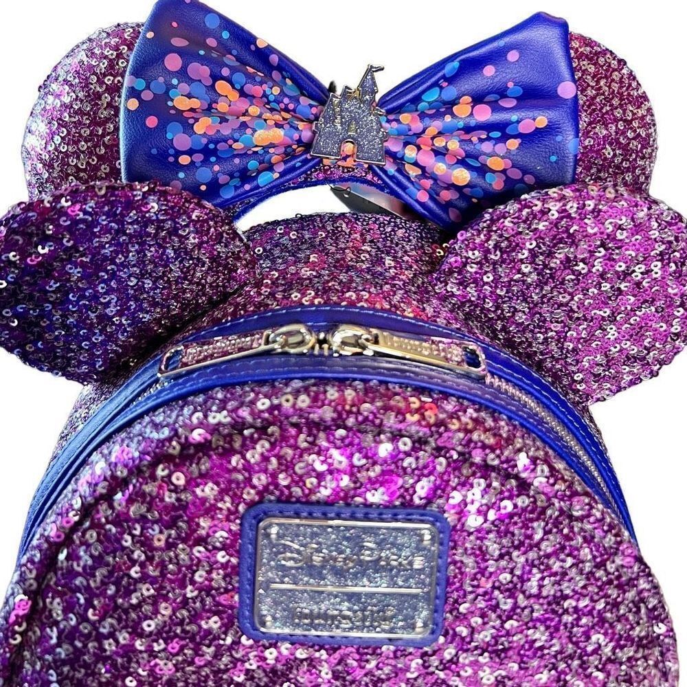 Purple & Silver Disney Parks Sequin Loungefly Mini Backpack & Ears NWT - Picture 13 of 13